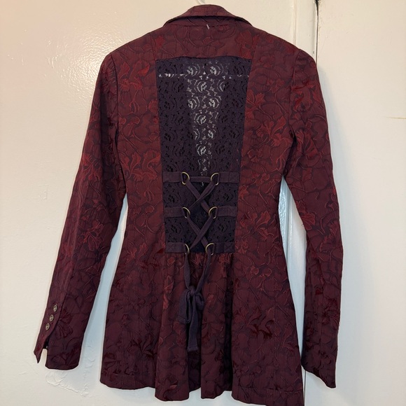 Free People Burgundy Floral Jacquard Blazer Lace Up Back Victorian Boho Jacket - Picture 4 of 5